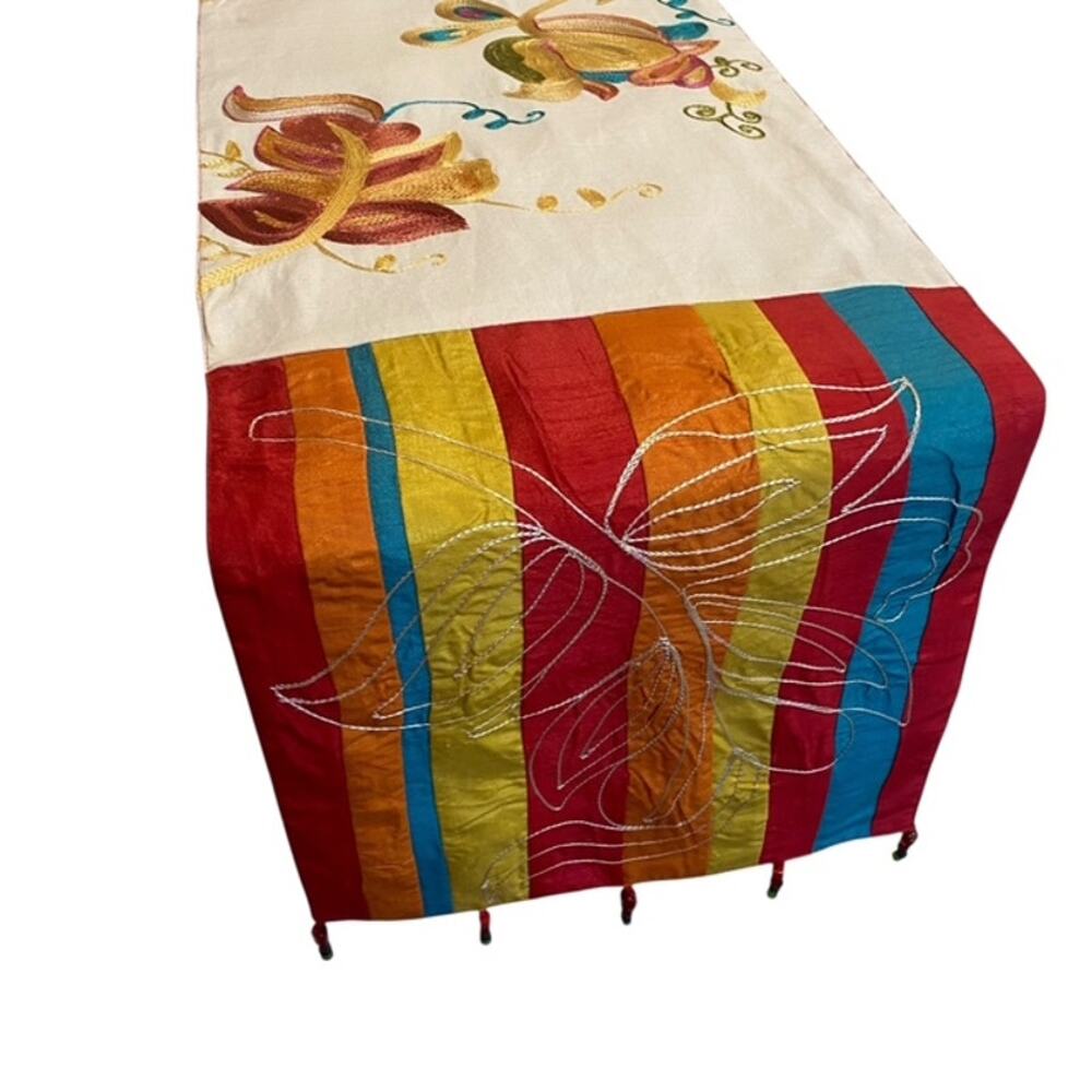 Sole Colorful Floral Embroidery w/ Stripes and Beaded Embellishment Table Runner - Picture 5 of 8